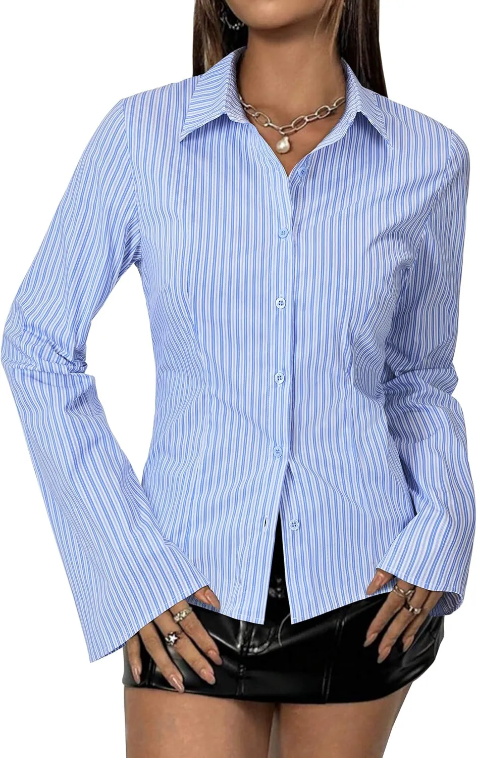 Women's Striped Button Down Shirts Flare Sleeve Slim Fit Blouses V Neck Collared Y2k Crop Tops Streetwear