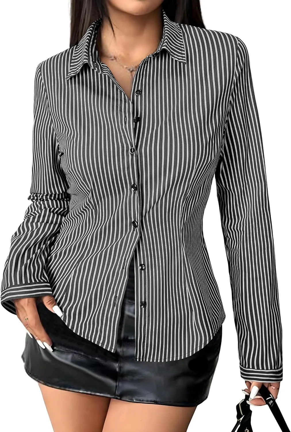Women's Striped Button Down Shirts Flare Sleeve Slim Fit Blouses V Neck Collared Y2k Crop Tops Streetwear