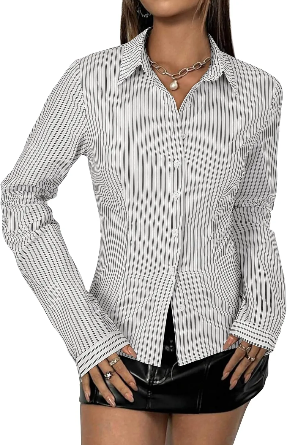 Women's Striped Button Down Shirts Flare Sleeve Slim Fit Blouses V Neck Collared Y2k Crop Tops Streetwear