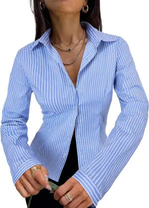 Women's Striped Button Down Shirts Flare Sleeve Slim Fit Blouses V Neck Collared Y2k Crop Tops Streetwear