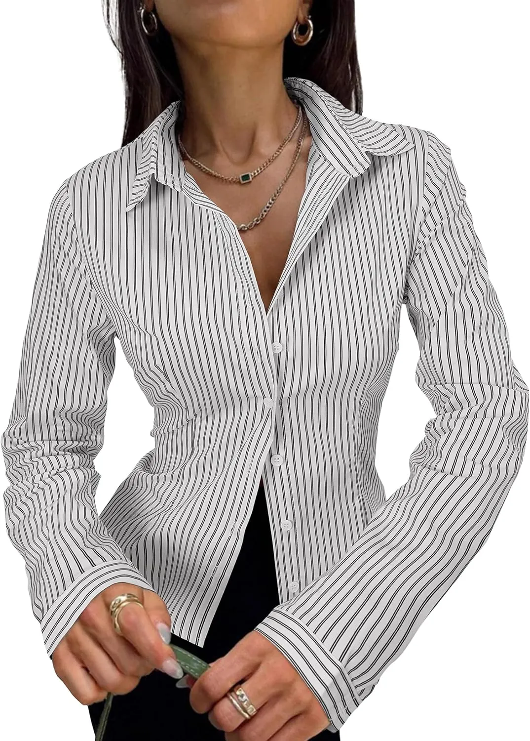 Women's Striped Button Down Shirts Flare Sleeve Slim Fit Blouses V Neck Collared Y2k Crop Tops Streetwear