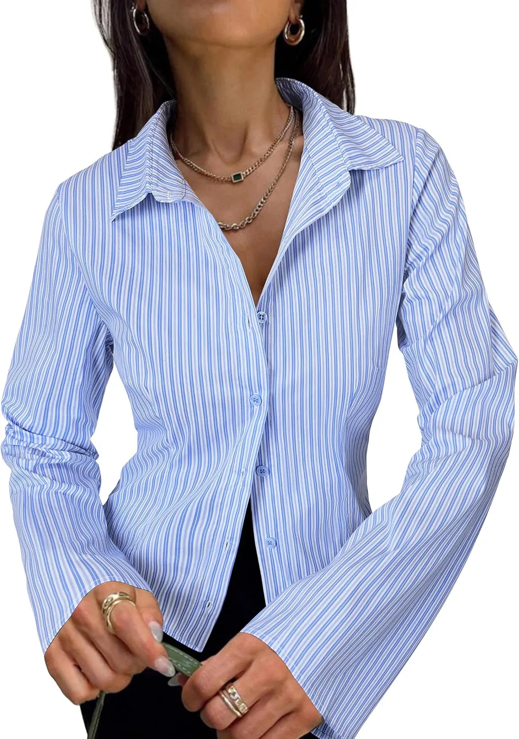 Women's Striped Button Down Shirts Flare Sleeve Slim Fit Blouses V Neck Collared Y2k Crop Tops Streetwear