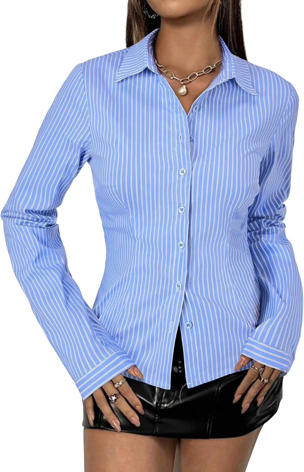 Women's Striped Button Down Shirts Flare Sleeve Slim Fit Blouses V Neck Collared Y2k Crop Tops Streetwear