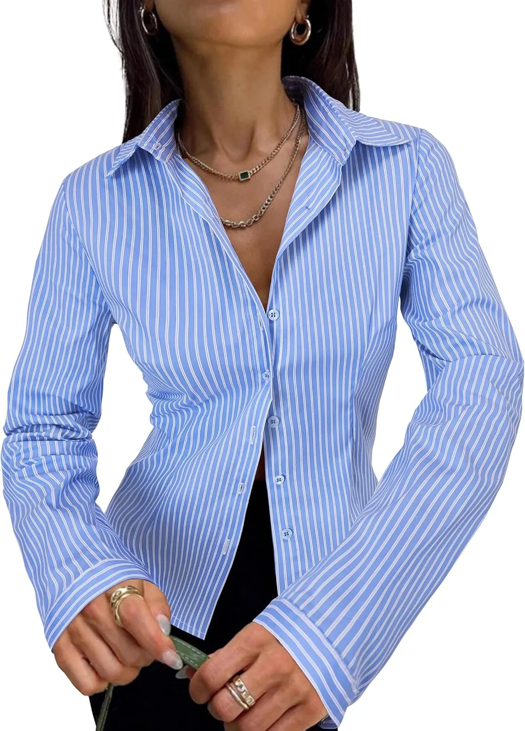 Women's Striped Button Down Shirts Flare Sleeve Slim Fit Blouses V Neck Collared Y2k Crop Tops Streetwear