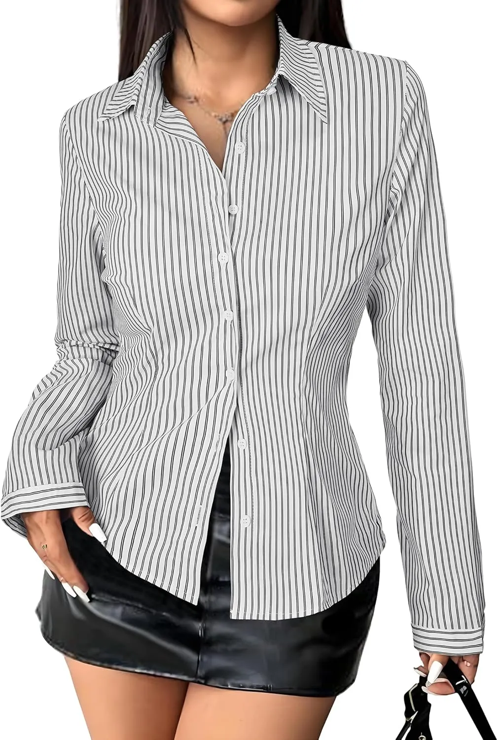 Women's Striped Button Down Shirts Flare Sleeve Slim Fit Blouses V Neck Collared Y2k Crop Tops Streetwear