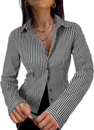 Women's Striped Button Down Shirts Flare Sleeve Slim Fit Blouses V Neck Collared Y2k Crop Tops Streetwear