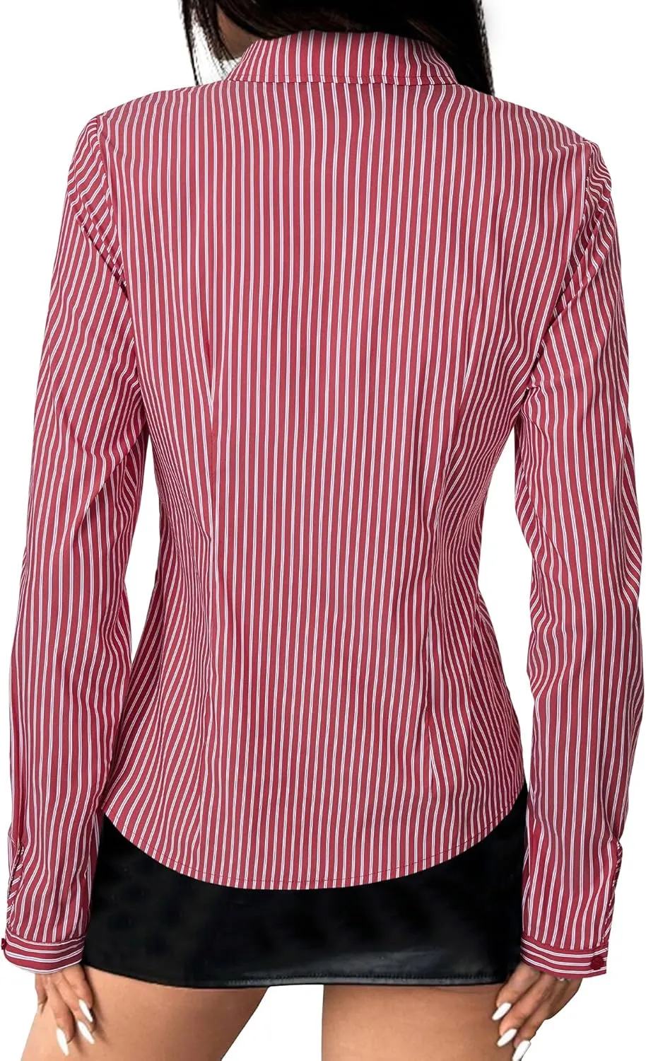 Women's Striped Button Down Shirts Flare Sleeve Slim Fit Blouses V Neck Collared Y2k Crop Tops Streetwear