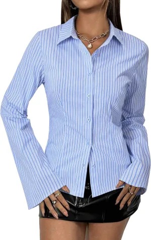 Women's Striped Button Down Shirts Flare Sleeve Slim Fit Blouses V Neck Collared Y2k Crop Tops Streetwear