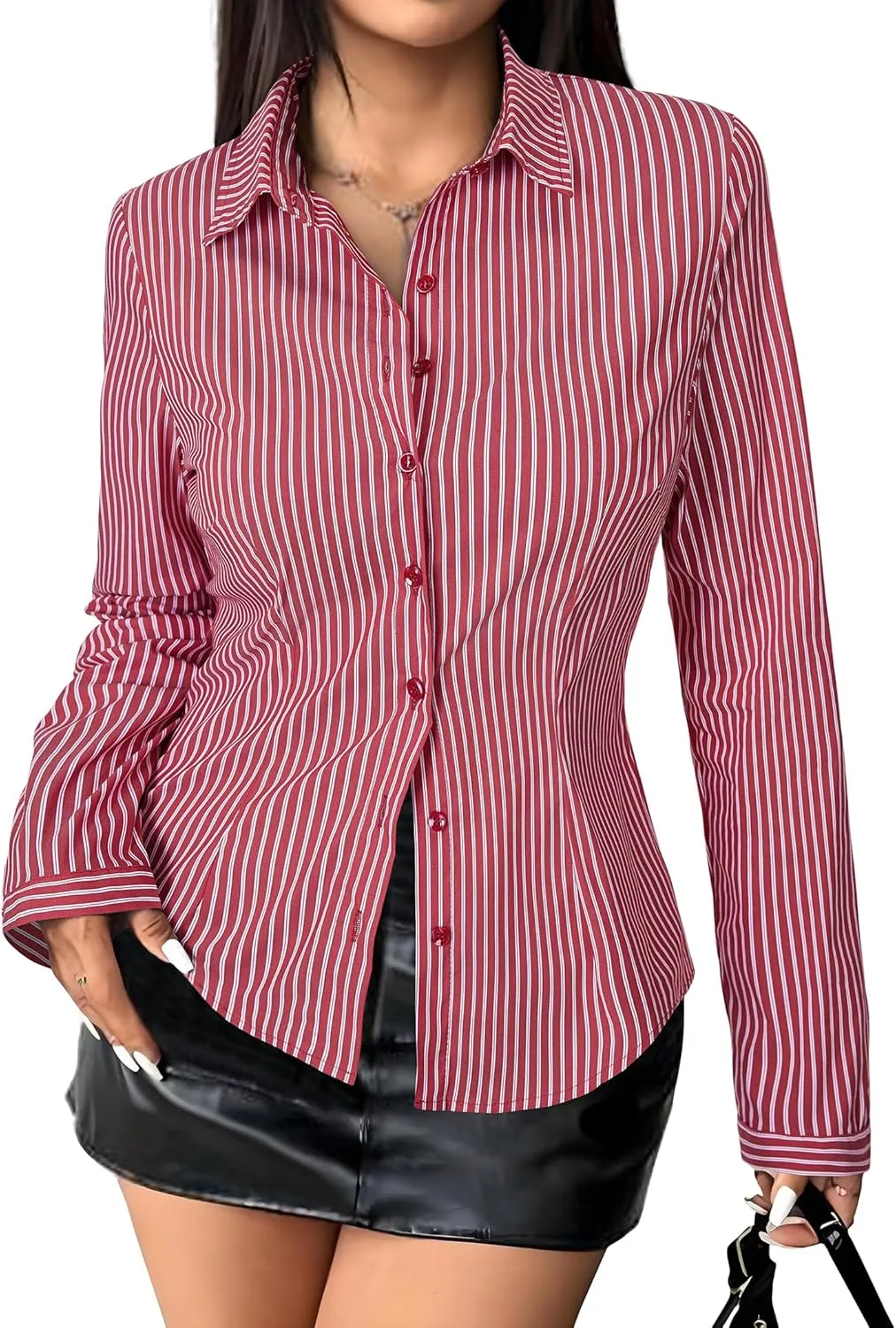 Women's Striped Button Down Shirts Flare Sleeve Slim Fit Blouses V Neck Collared Y2k Crop Tops Streetwear