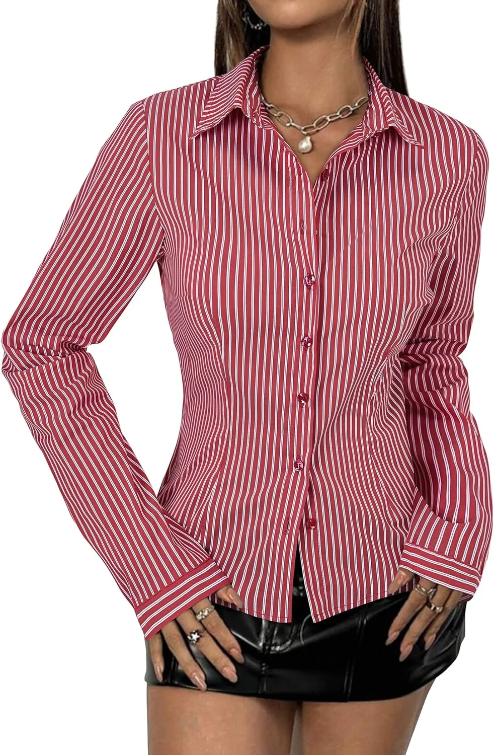 Women's Striped Button Down Shirts Flare Sleeve Slim Fit Blouses V Neck Collared Y2k Crop Tops Streetwear