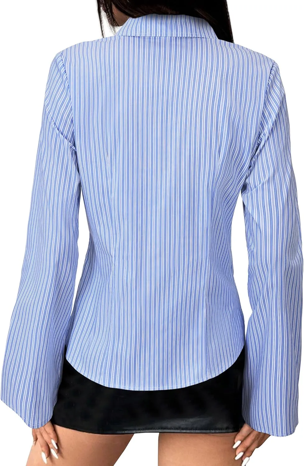 Women's Striped Button Down Shirts Flare Sleeve Slim Fit Blouses V Neck Collared Y2k Crop Tops Streetwear