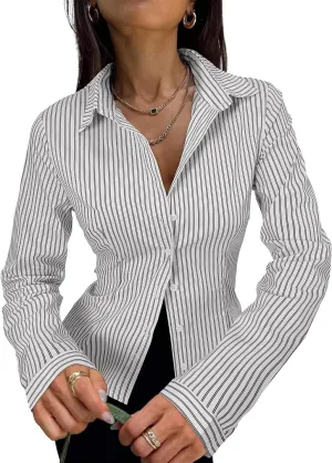 Women's Striped Button Down Shirts Flare Sleeve Slim Fit Blouses V Neck Collared Y2k Crop Tops Streetwear
