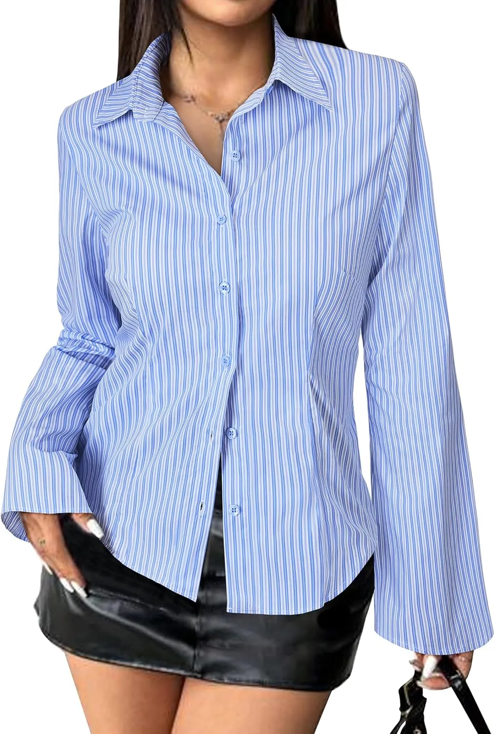 Women's Striped Button Down Shirts Flare Sleeve Slim Fit Blouses V Neck Collared Y2k Crop Tops Streetwear