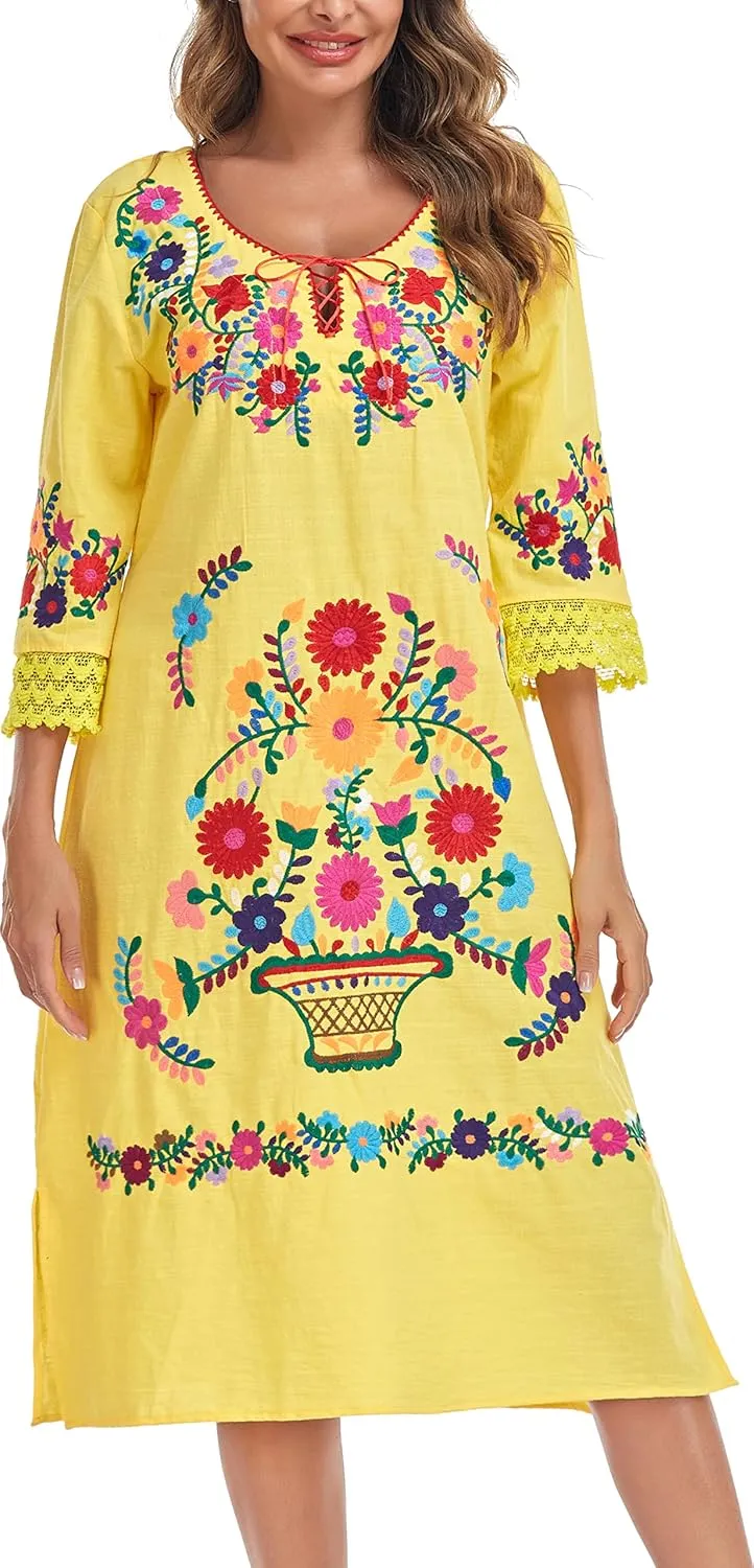 YZXDORWJ Women Embroidered Mexican Present Lace Sleeves Party Floral Traditional Bridesmaid Dress.