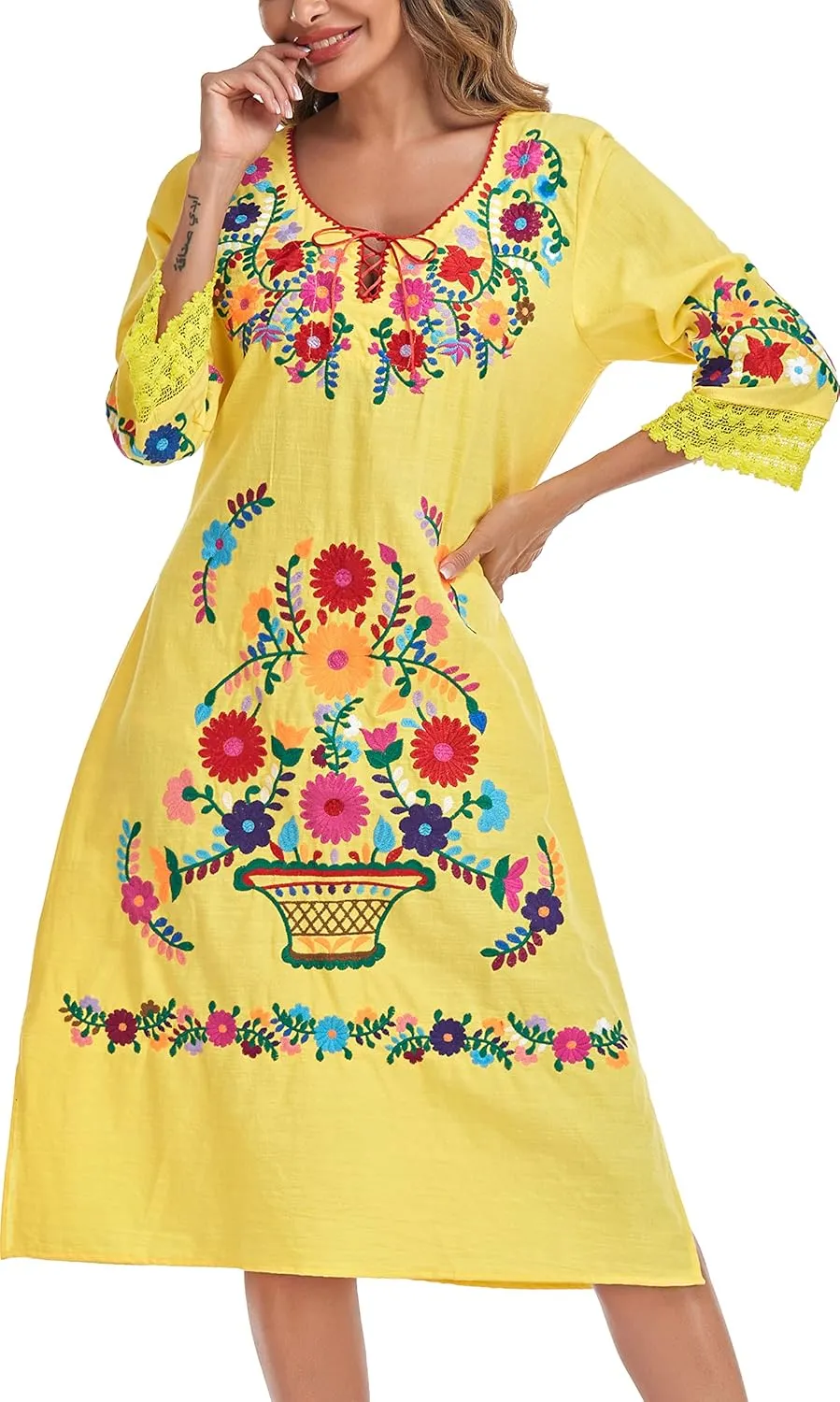 YZXDORWJ Women Embroidered Mexican Present Lace Sleeves Party Floral Traditional Bridesmaid Dress.