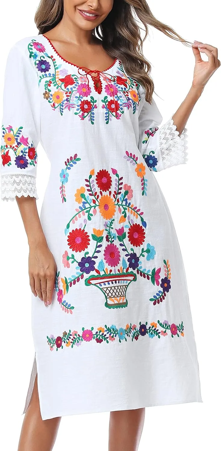 YZXDORWJ Women Embroidered Mexican Present Lace Sleeves Party Floral Traditional Bridesmaid Dress.