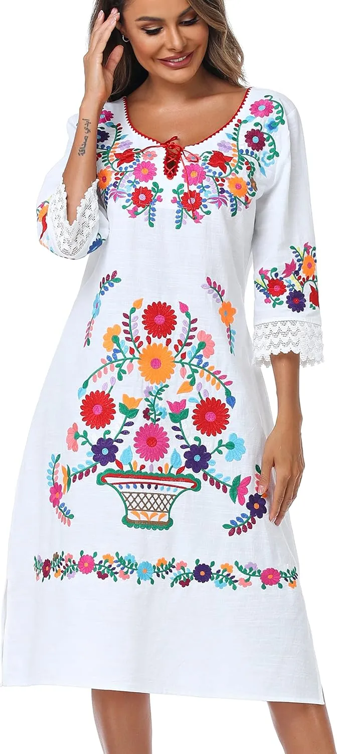 YZXDORWJ Women Embroidered Mexican Present Lace Sleeves Party Floral Traditional Bridesmaid Dress.