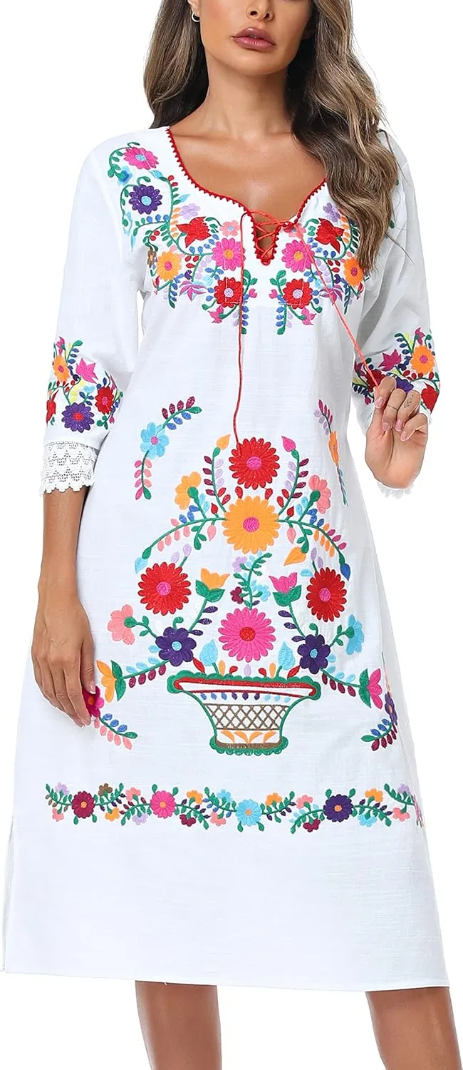 YZXDORWJ Women Embroidered Mexican Present Lace Sleeves Party Floral Traditional Bridesmaid Dress.