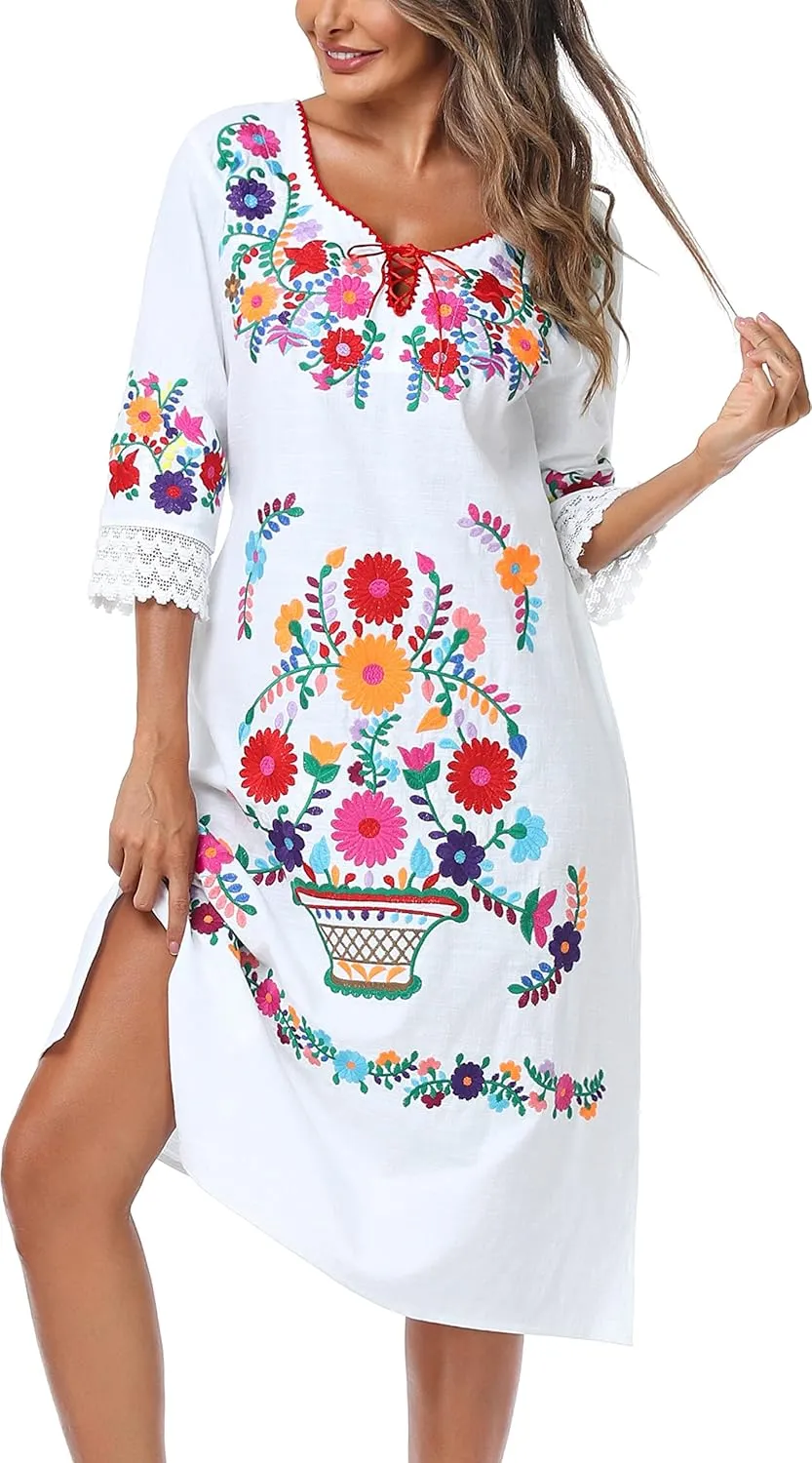 YZXDORWJ Women Embroidered Mexican Present Lace Sleeves Party Floral Traditional Bridesmaid Dress.