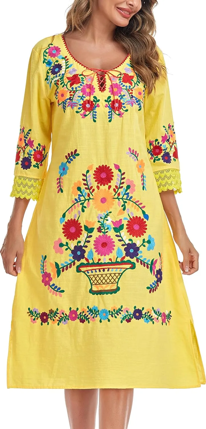 YZXDORWJ Women Embroidered Mexican Present Lace Sleeves Party Floral Traditional Bridesmaid Dress.