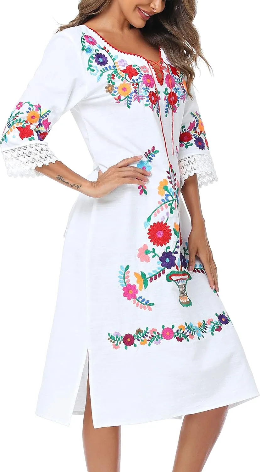 YZXDORWJ Women Embroidered Mexican Present Lace Sleeves Party Floral Traditional Bridesmaid Dress.