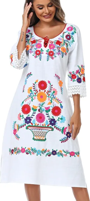 YZXDORWJ Women Embroidered Mexican Present Lace Sleeves Party Floral Traditional Bridesmaid Dress.