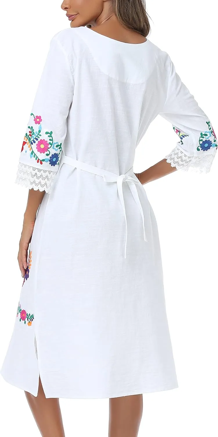 YZXDORWJ Women Embroidered Mexican Present Lace Sleeves Party Floral Traditional Bridesmaid Dress.