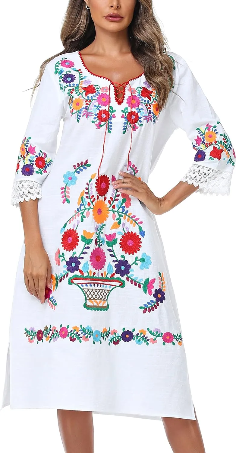 YZXDORWJ Women Embroidered Mexican Present Lace Sleeves Party Floral Traditional Bridesmaid Dress.