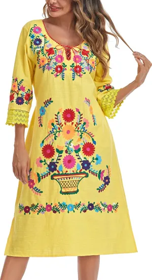YZXDORWJ Women Embroidered Mexican Present Lace Sleeves Party Floral Traditional Bridesmaid Dress.