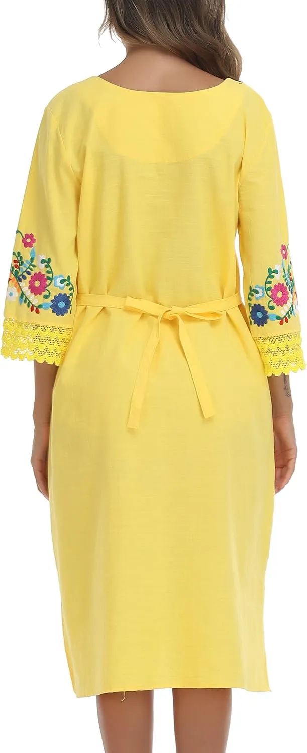 YZXDORWJ Women Embroidered Mexican Present Lace Sleeves Party Floral Traditional Bridesmaid Dress.