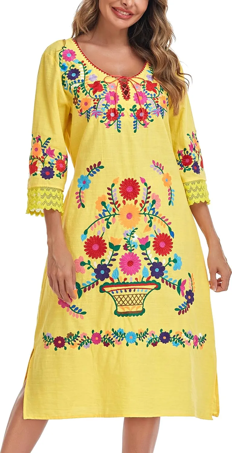 YZXDORWJ Women Embroidered Mexican Present Lace Sleeves Party Floral Traditional Bridesmaid Dress.